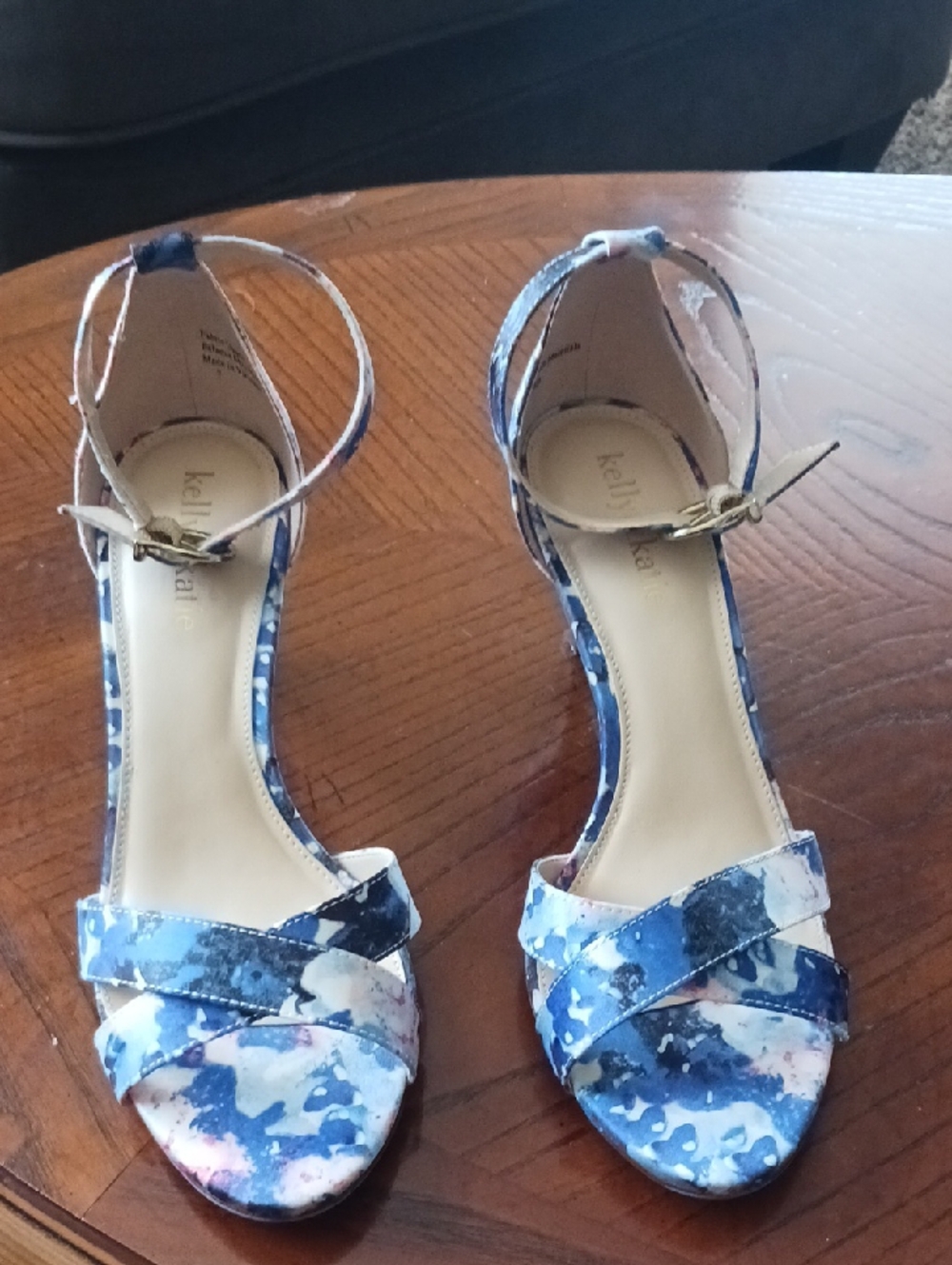 Kelly & Katie Blue and White Watercolor Ankle-Strap Heels